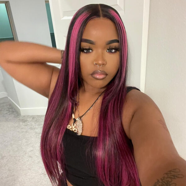 Purple Highlights Straight 13x4 Transparent Lace Front Wig - Image 6